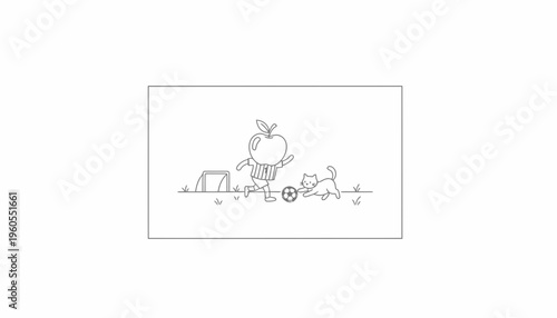 Cute Apple Character Playing Soccer with a Kitten on a Grassy Field