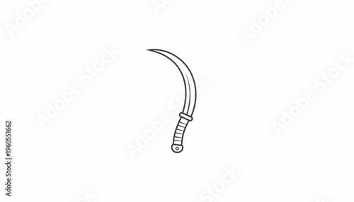 Curved Scimitar Sword, Traditional Middle Eastern Weapon, Outline Illustration