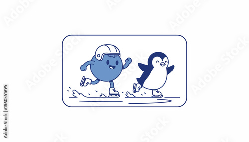 Cute blue character and penguin ice skating together, cartoon style
