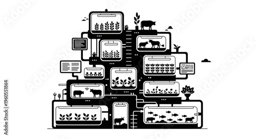 Integrated Agricultural System - A Symbiotic Ecosystem Illustration.