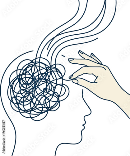 Profile view of a human head with hand touching forehead, scribbled mind illustration conveying mental clutter