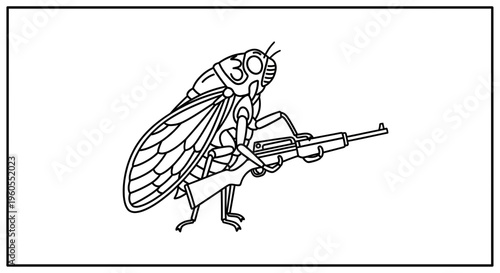 Cicada Insect Holding Rifle Gun, Cartoon Style, Black and White Illustration