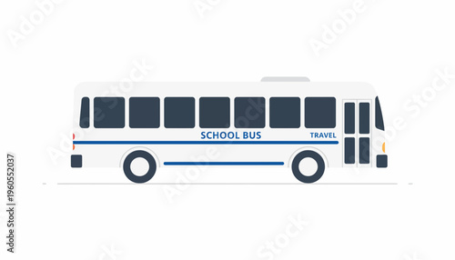 Classic White School Bus with Blue Stripes, Isolated on White Background