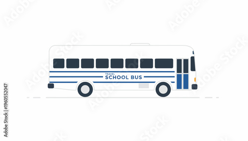 Classic White School Bus with Blue Stripes, Side View, Isolated on White Background