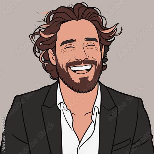 Smiling man with curly hair in formal wear expressing joy in a simple setting during daytime