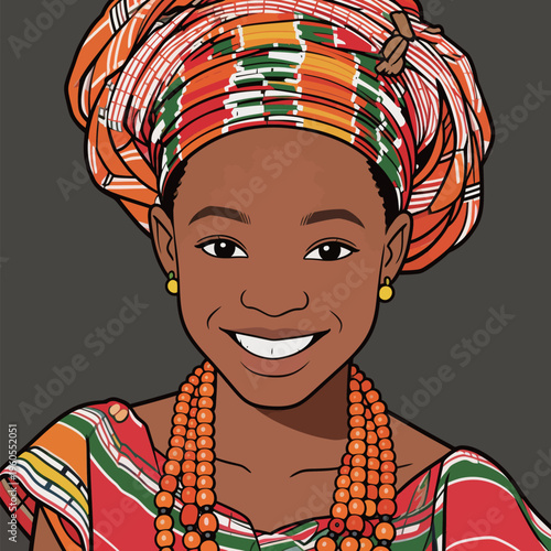 Woman wears colorful traditional clothing with headwrap and beads, smiling at the camera during a cultural celebration in a festive setting
