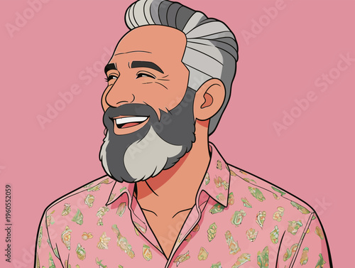 Smiling man in a colorful shirt with a pink background during a fun and lively moment
