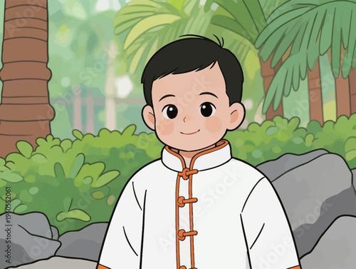 Young boy in traditional clothing stands among green plants and rocks in a tropical setting during daytime hours