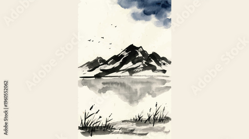 Traditional Japanese sumi-e ink wash painting of mountains and lake, minimalist zen landscape vector, oriental brush stroke art with water reflection