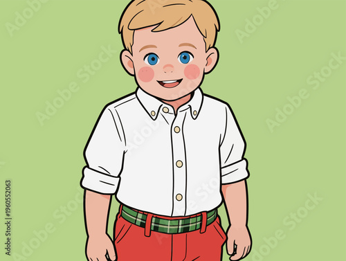 Boy stands with a smile wearing a white shirt and colorful pants against a green background in a cheerful setting