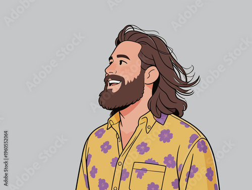 Smiling man with long hair wearing a floral shirt looks to the side against a simple gray background