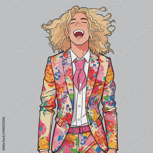 Young person with curly hair wearing bright floral suit and smiling wide during a fun event indoors