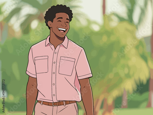 Smiling young man walking in a sunny park with palm trees in the background during daytime