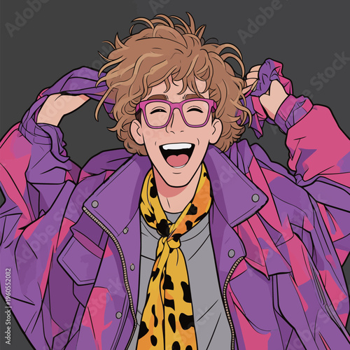 Person wearing colorful clothes and glasses smiles and poses with hands in the air in a simple setting with a dark background