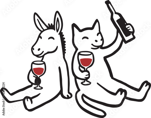 A cartoon donkey and cat drinking wine together socially