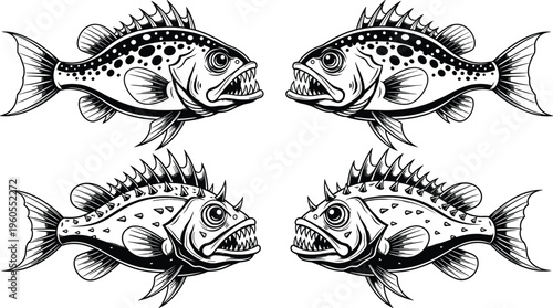 Aggressive piranha fish vector illustration set with sharp teeth and spikes in a black and white vintage woodcut tattoo style.