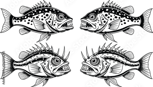 Aggressive monster piranha fish vector illustration set with sharp teeth and spikes in a black and white vintage tattoo style.
