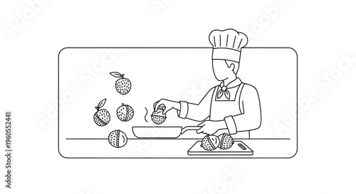 Chef cooking oranges in a pan, line art illustration