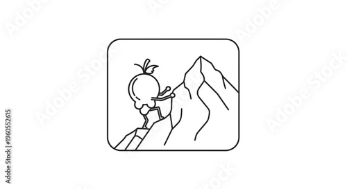 Cartoon berry character climbing a steep mountain peak, overcoming challenges, effort, determination