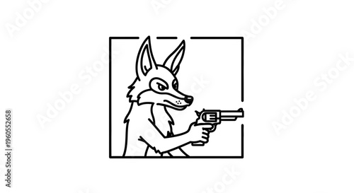 Cartoon Fox Holding Revolver Gun in Square Frame, Aggressive Animal Character