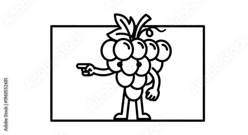 Cartoon Grape Character Pointing Left, Funny Fruit Mascot with Arms and Legs