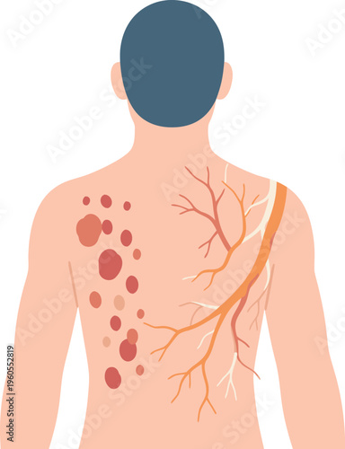 Illustration of a faceless back view of a person with clustered red rash spots following a highlighted nerve path, representing shingles viral infection and localized nerve pain