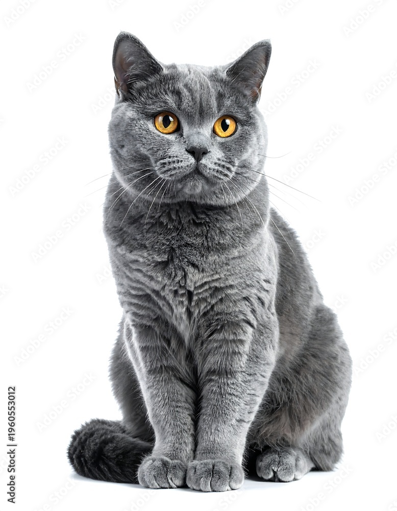 Fototapeta premium A gray cat with yellow eyes sits on a white background