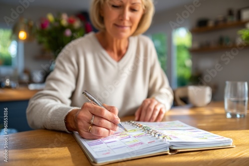 Mother Reviewing Family Calendar at Dining Table in Bright and Cozy Home Environment