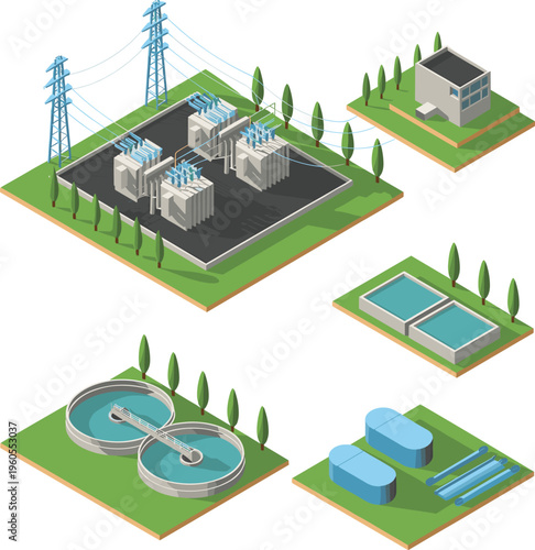Electrical substation and wastewater treatment facilities, power transmission network, utility infrastructure, water purification system, sustainable industrial environment, isometric 3d illustration 