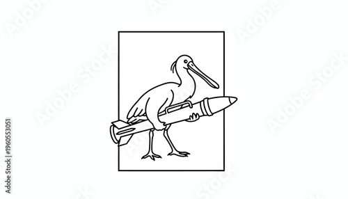 Bird Holding Rocket, Surreal Concept, Ibis with Missile, Fantasy Art, Black and White
