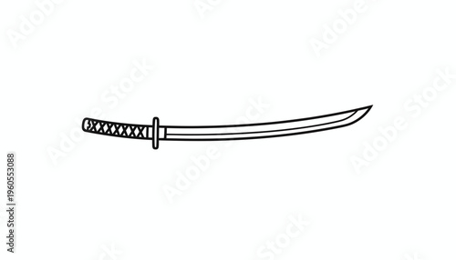 Black and White Illustration of a Katana Sword with a Detailed Handle