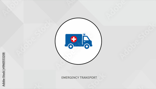 Blue Ambulance Icon with Red Cross Symbol in Circle on Geometric Background