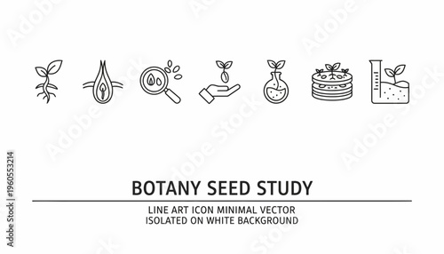 Botany Seed Study Line Art Icons: Growth, Research, Germination, Planting