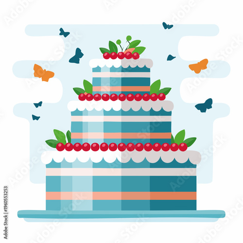 Three-Tiered Celebration Cake With Berries And Butterflies Flat Vector Illustration