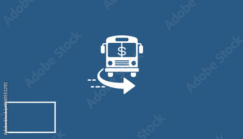 Bus with Dollar Sign and Turnaround Arrow Icon on Blue Background