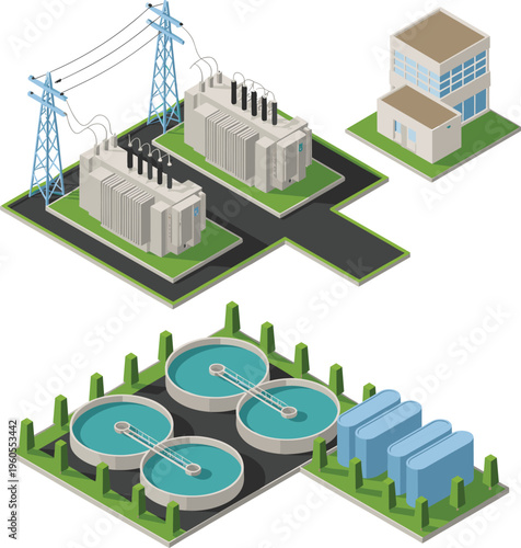 Electrical substation and wastewater treatment system, power transmission infrastructure, utility network, water purification tanks, sustainable industrial environment, isometric 3d illustration desig