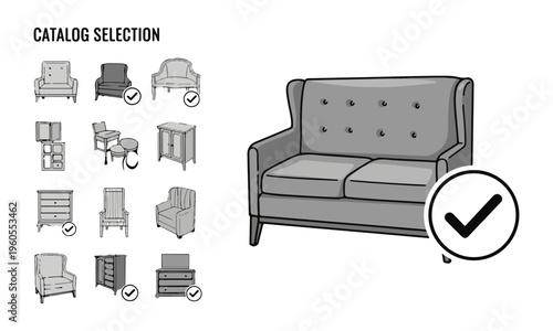 Hand-drawn furniture catalog selection illustration with gray two-seater sofa and checkmark