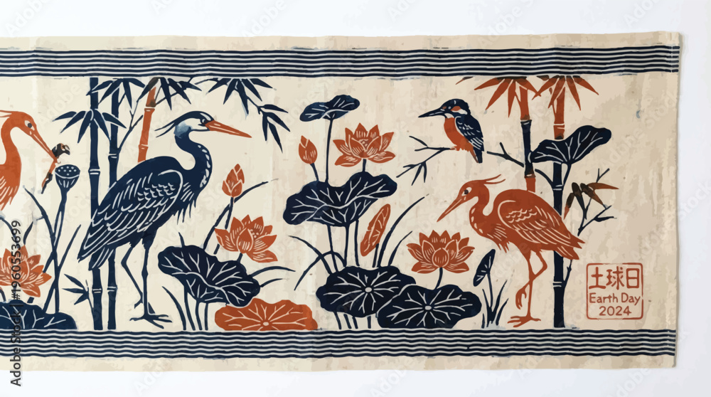 Fototapeta premium Traditional Japanese Woodblock Style Illustration of Herons and Kingfishers in a Bamboo Forest with Lotus Flowers, Vintage Asian Art Banner with Earth Day Seal and Oriental Nature Elements