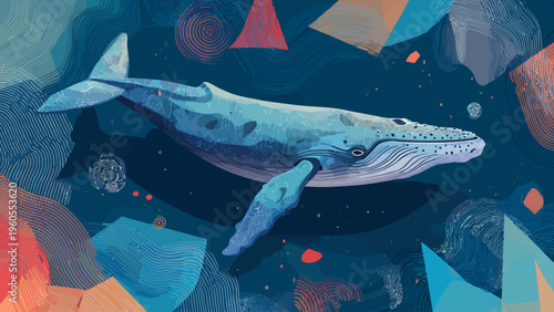 A Majestic Blue Whale Navigates Through a Cosmic Sea of Abstract Shapes and Vibrant Colors