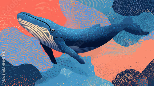 A breathtaking illustration of a majestic blue whale gracefully swimming through a surreal, dreamlike sky filled with abstract colorful clouds