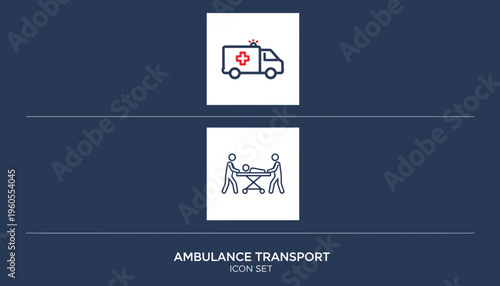 Ambulance Transport Icon Set: Emergency Medical Vehicle and Stretcher Transfer