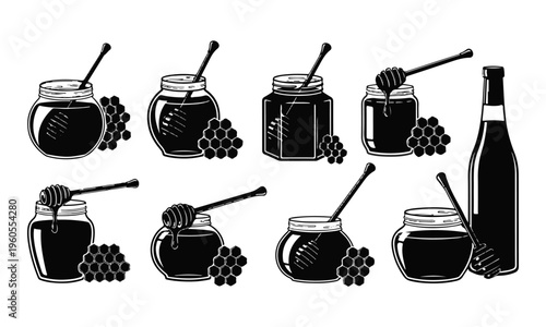 Engraved Black and White Honey Jar, Bottle, Dipper, and Honeycomb Vector Collection Isolated on White