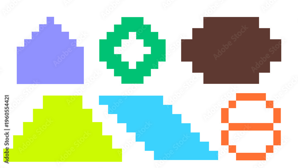 Fototapeta premium A colorful arrangement of six geometric pixel shapes on a white background, featuring various bright hues and pixelated textures