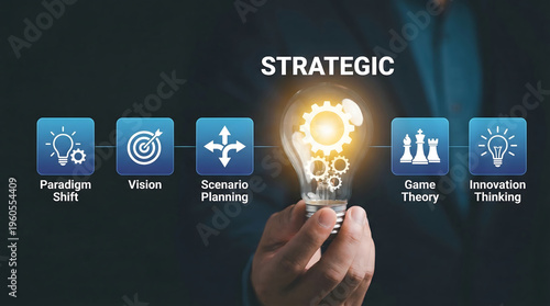 Hand holds glowing light bulb with gears symbolizing strategic business thinking planning and innova