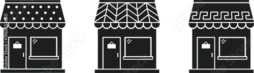 Illustration of three black storefronts with unique awning designs