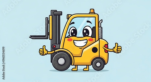 Happy cartoon forklift character giving thumbs up.