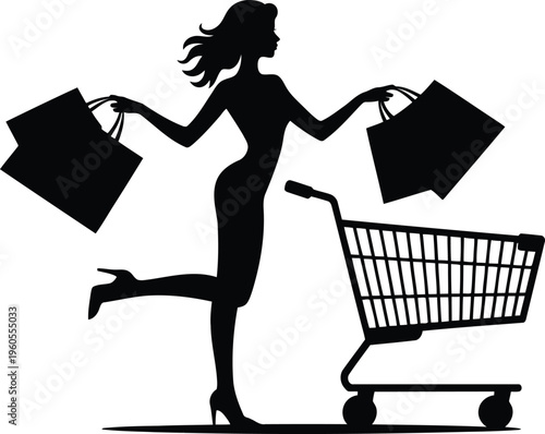 Dynamic silhouette of a woman with full shopping bags alongside a cart, enjoying a successful retail outing