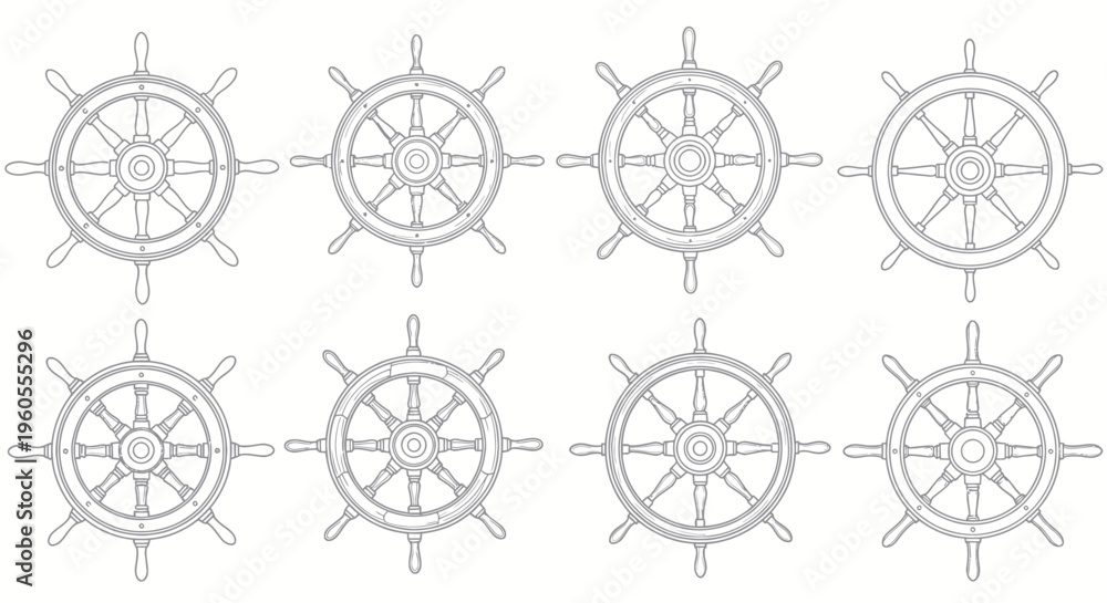 Obraz premium Set of eight ship steering wheels, nautical design, maritime vector illustration