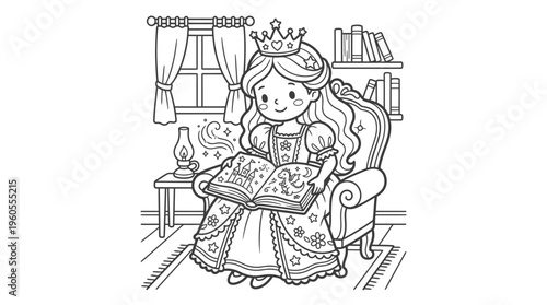 Little girl wearing a crown reading.