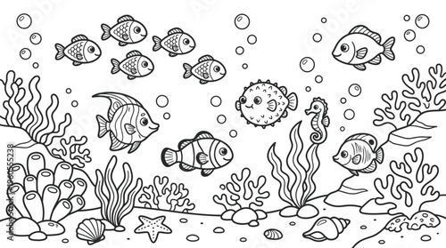 Colorful cartoon fish swimming together underwater.